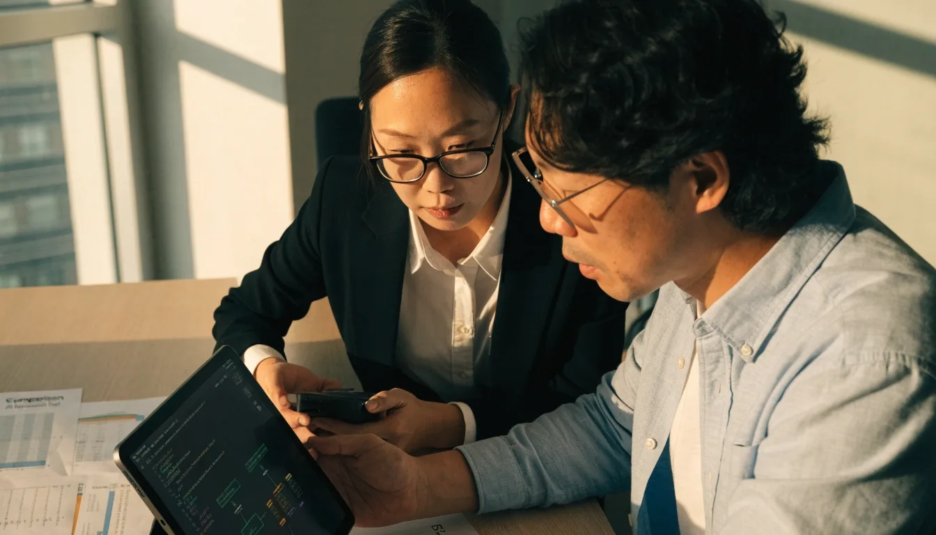 니켈로라 리뷰 담당자가 태블릿으로 AI 자동화 도구를 검토하는 사무실 장면